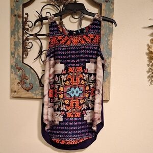 Asymmetrical Graphic Blue/Orange Tank Top. Excellent Condition NWOT Size Medium